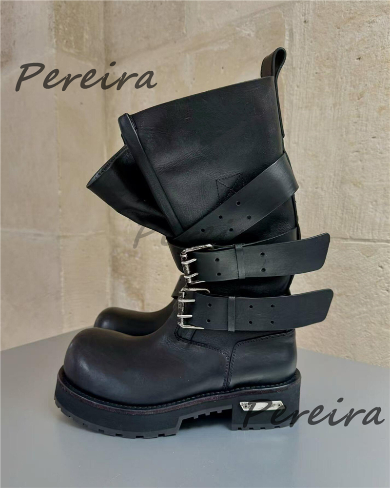 Leather Classic Strap - Retro Belt Buckle Motorcycle Boots for